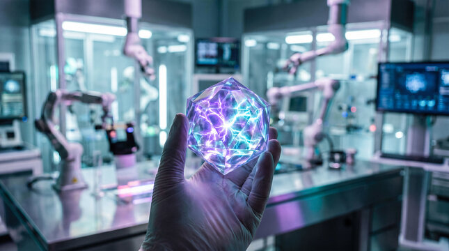 hand holding glowing purple geometric energy crystal modern science laboratory background robotic arms advanced artificial intelligence technology future cyber innovation concept