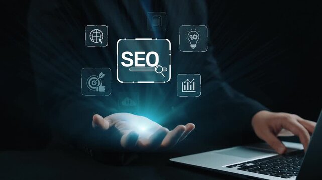 SEO concept for improving SEO visibility, with SEO related digital tools and SEO performance icons shown in an focused layout for strategic marketing. Elide