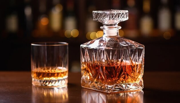 Crystal decanter and matching rocks glass containing amber whiskey on a dark polished wooden table with reflections and a blurred background featuring bar bottles and warm bokeh lights.
