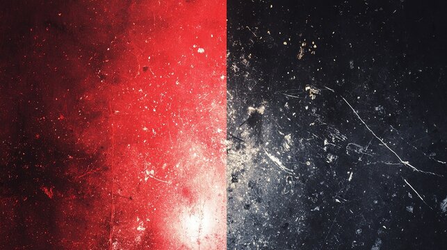 Horizontal textured abstract background with dramatic color transition, bright diffused red light on the left blending into speckled dark gray, deep black on the right with scratched grain pattern