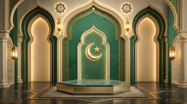 Elegant Islamic arch interior with crescent moon, green and gold tones and podium stage for Ramadan and Eid background design