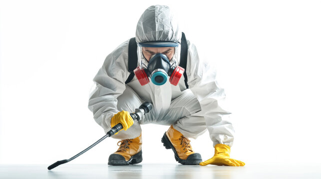A technician in protective gear crouches to spray polyurea on the floor in a bright, isolated space. The task requires careful handling of equipment