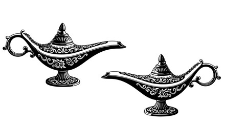 Antique magic lamp illustration ornate design on white background © Kobita