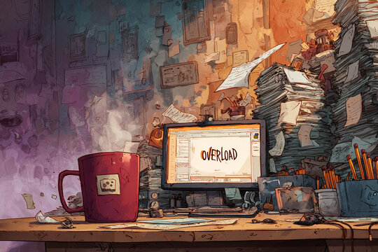 Expressive Illustration of Mental Overload and Stress at a Busy Office Desk