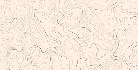 Vector illustration. Abstract light topographic map background with contour lines. Retro style line patterns, navigation pin markers, and dashed trail routes on a textured beige paper background © alikhsan