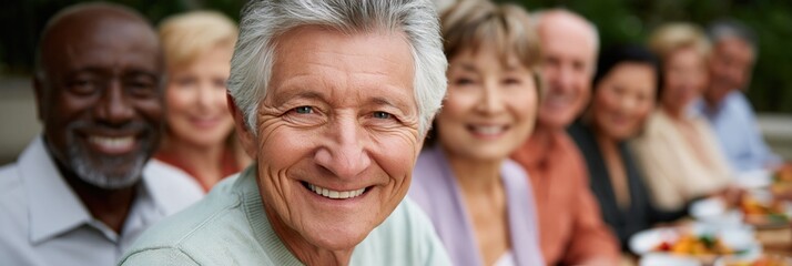 Obraz premium Older man smiling among friends at outdoor dining table