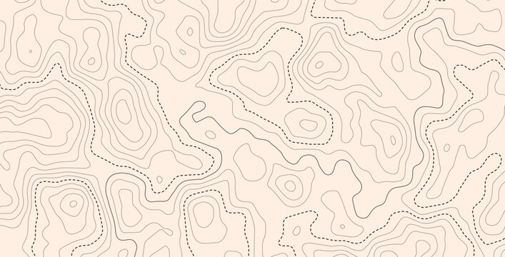 Vector illustration. Abstract light topographic map background with contour lines. Retro style line patterns, navigation pin markers, and dashed trail routes on a textured beige paper background