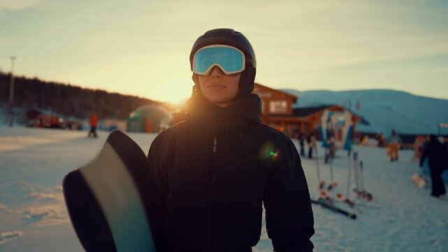 Portrait of snowboarder woman walking on snow slope in ski resort in mountains. Active lifestyle and leisure, do sport and be healthy, enjoy fresh frozen air and freedom, be yourself and move to dream