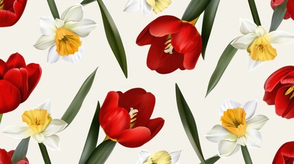 Obraz premium Floral Pattern with Red Tulips and White Daffodils on Soft Beige Background