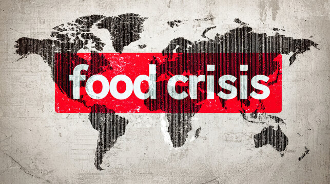 A world map in red and black displays the term food crisis prominently. The design features a gray background and a barcode, underscoring global food availability issues