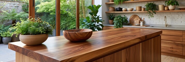 Fototapeta premium Solid wood countertop with bowls and plants by window