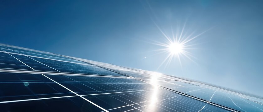 The Solar Panels Reflecting Sunlight Under a Clear Blue Sky at Horizon