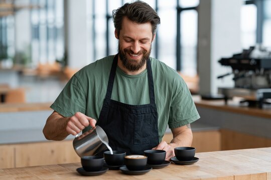 Male barista pouring milk into cups at cafe counter