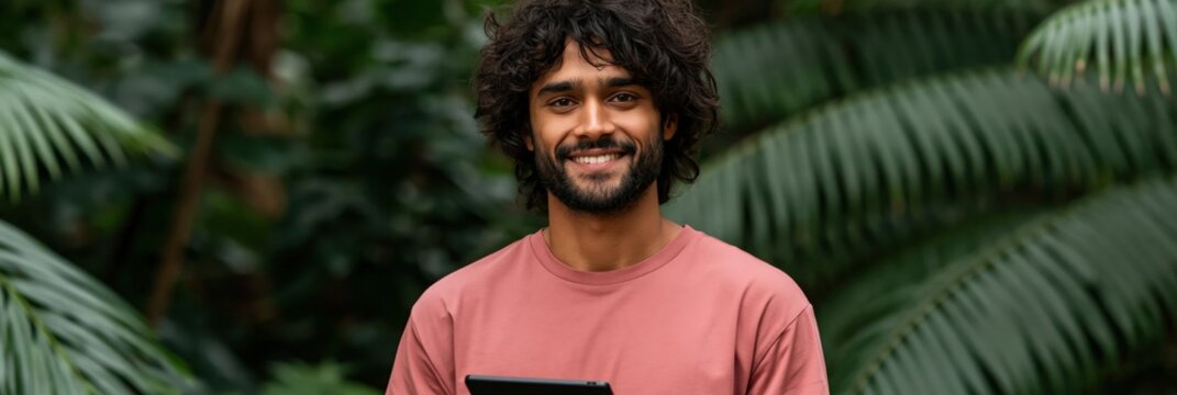 Man smiling holding tablet in dense tropical foliage