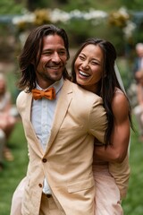 Obraz premium Smiling couple embracing during outdoor wedding ceremony