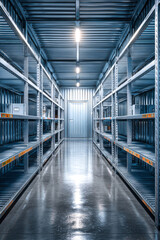 Fototapeta premium The storage facility has metal shelves lined against the walls. Bright lights above illuminate the clean, empty space. The door is closed at the far end