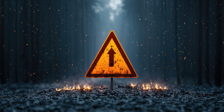 worn, triangular road sign with an upward arrow stands on a charred forest floor, surrounded by small flames and smoke in a dark, dense woodland.