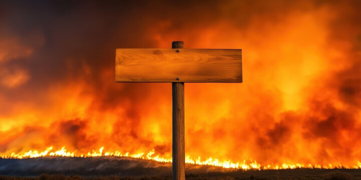 wooden signpost stands amid a field engulfed in blazing wildfire under a fiery, smoke-filled sky.