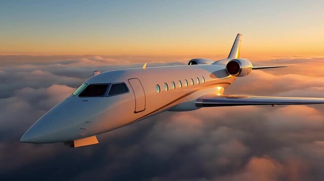 white and gold private jet flying over thick clouds in the rays of the setting sun, conceptual 3d illustration of business aviation, luxury flight and international diplomacy