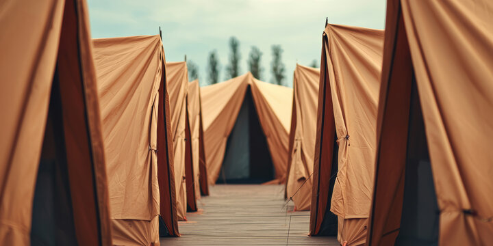  row of tan canvas tents set up outdoors on a wooden platform with trees blurred in the background, suggesting a camping or outdoor event setting.