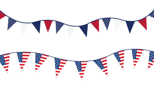 Curved usa bunting flag banner garland pennant set vector illustration for fourth of july patriotic decoration