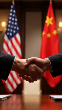conceptual video of a firm handshake of two men in business suits against the background of the flags of the usa and china in an official interior, symbolizing cooperation and partnership