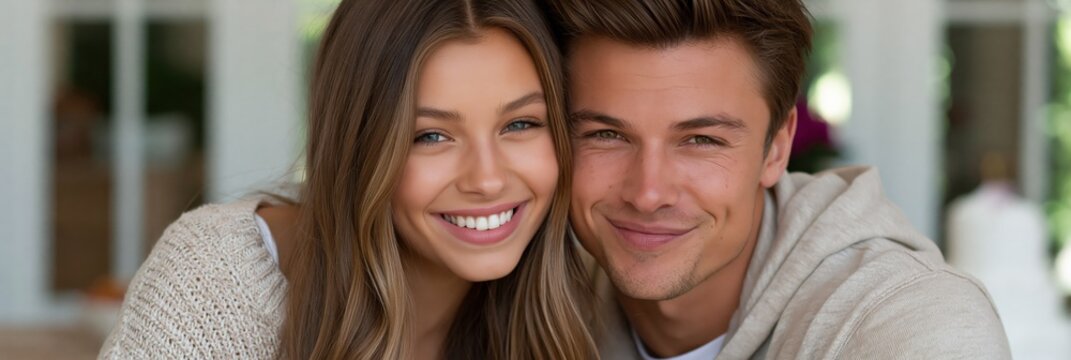 Young couple smiling and embracing in bright indoor setting