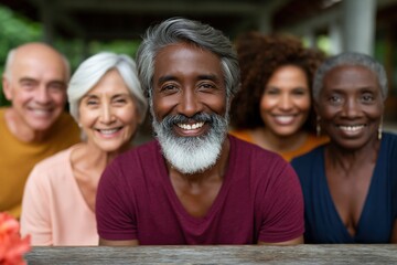 Fototapeta premium Bearded man smiling with friends at outdoor wooden bench
