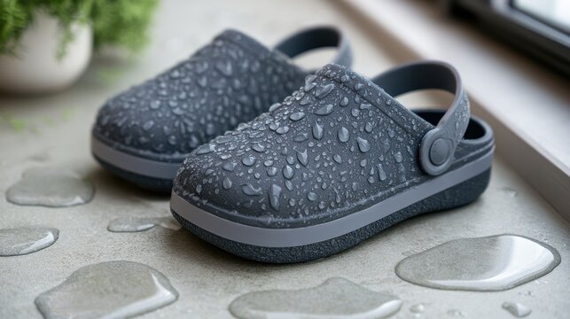 Pair of grey rubber clogs with water droplets on a wet stone surface in a close up studio shot showing textured footwear material and moisture in a neutral setting