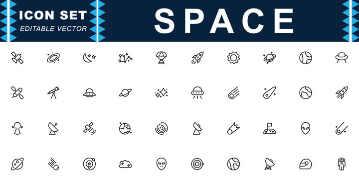 Space icon set, featuring rocket, satellite, planet, UFO, telescope, and alien elements in blue flat style for astronomy apps, sci-fi projects, and futuristic UI design
