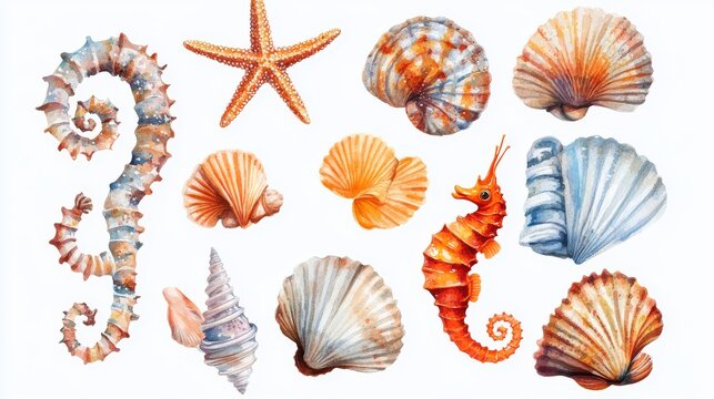 Watercolor marine elements collection featuring hand-painted starfish, scallops, spiral shells and a detailed orange seahorse on a white background
