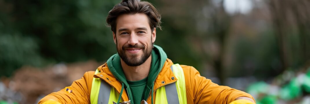 Waste collector wearing high visibility jacket at outdoor site