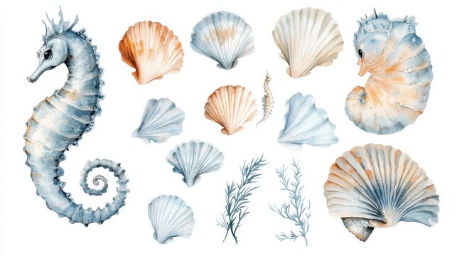 Marine watercolor pack featuring light blue, peach, and beige toned seashells and a cute seahorse, clean composition for print or decor