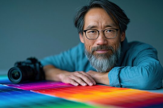 Older bearded man leaning on desk with color swatches