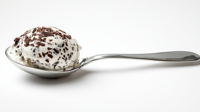 One creamy scoop of stracciatella ice cream topped with dark chocolate shavings resting on metal spoon