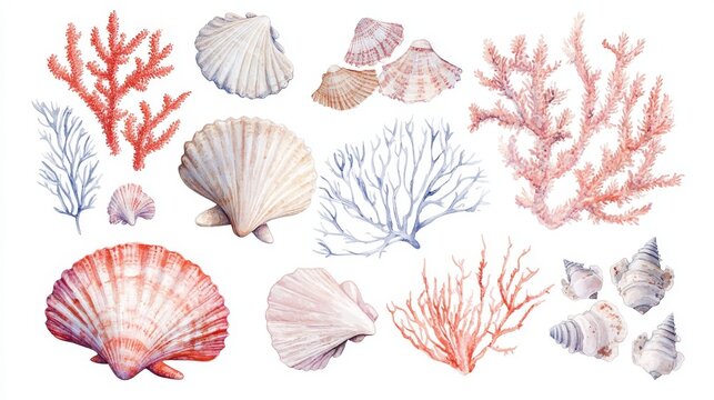 Watercolor sea decor pack featuring coral reef fragments, soft-hued seashells, marine algae and decorative sea urchins on white background