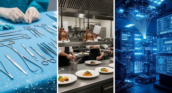 Triptych showcasing medical tools, restaurant kitchen with chefs, and a server room with digital data
