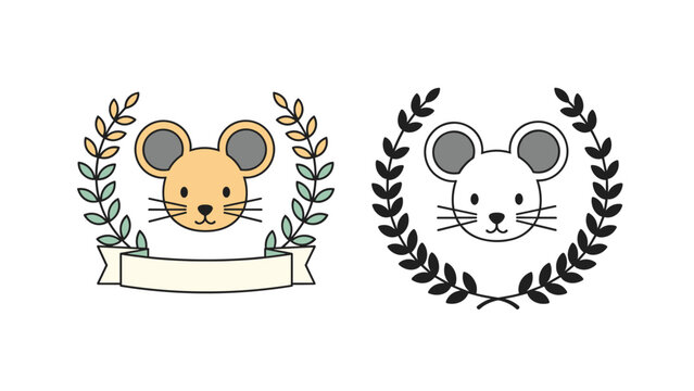 Two charming mouse head logos enclosed in laurel wreaths with one featuring a blank banner for naming purpose.