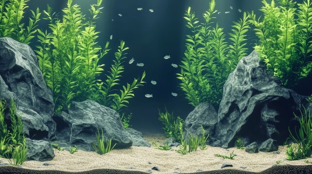 Stylized aquarium landscape with layered rocky formations, tall green aquatic plants swaying, and sandy gravel at the base