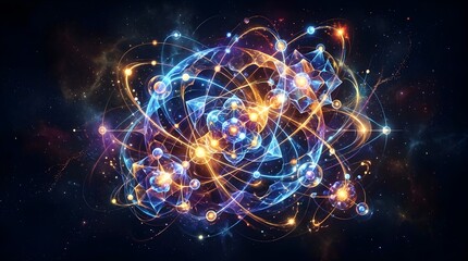 Obraz premium Abstract Illustration of a Complex Atomic Structure with Glowing Orbital Rings and Vibrant Energy Particles on a Dark Cosmic Background