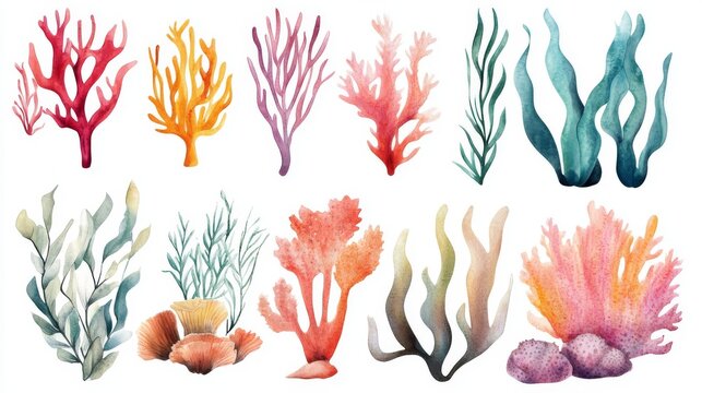 Vector-style watercolor marine elements collection with floating aquatic plants and reef coral, ideal for water park design or signage
