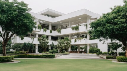 Fototapeta premium Modern architectural buildings surrounded by lush greenery and landscaped gardens in a tranquil outdoor setting