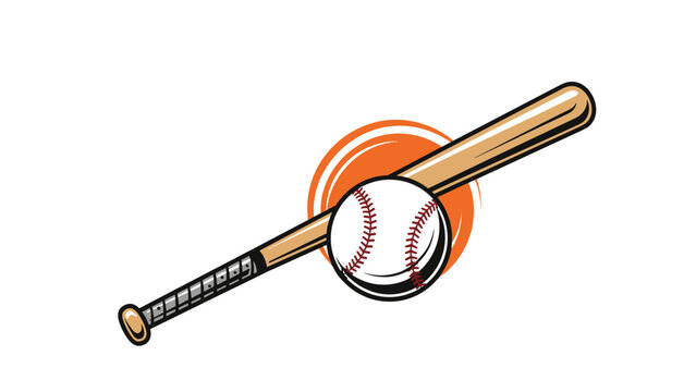 Colorful illustration of a wooden baseball bat and a white baseball with red stitching against a dynamic orange circle.