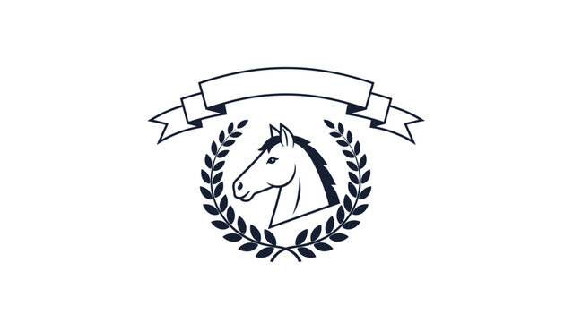 Heraldic emblem featuring a horse head profile within a laurel wreath topped by an empty ribbon banner for custom text.