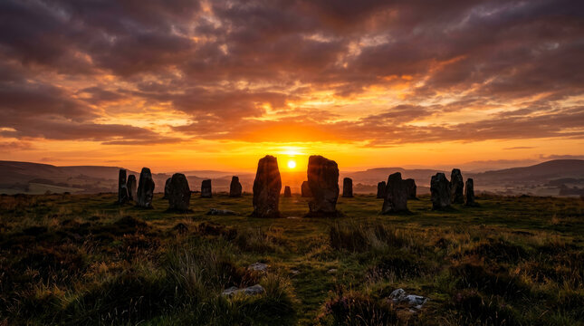 Ancient stone circle at sunset, prehistoric megalithic monument in golden hour light, mystical pagan heritage site under dramatic orange sky