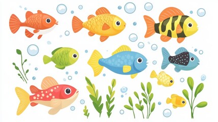 Fototapeta premium Flat style vector collection of small decorative freshwater fish, grouped with bubbles and aquatic plants on white background