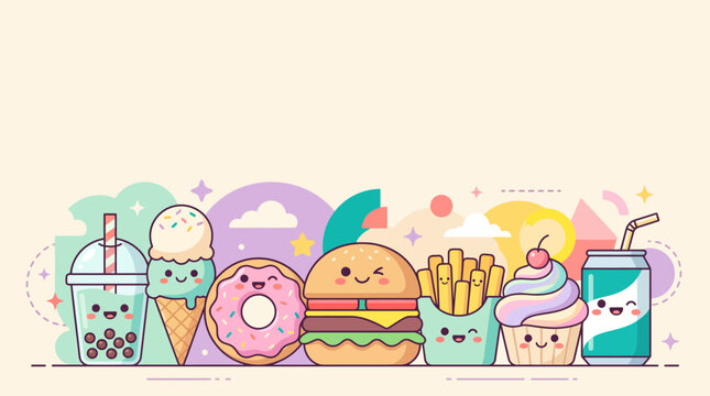 Cute Kawaii Fast Food and Sweet Snacks Character Collection in Pastel Colors, Vector Illustration Background.
