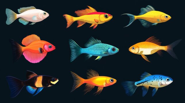 Bright vector illustration of ornamental aquarium fish breeds, including neon tetras, swordtails, and bettas with vivid fin detail