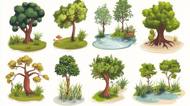 Isometric vector illustration pack of swamp trees, mangroves, and aquatic grasses designed for game environment elements