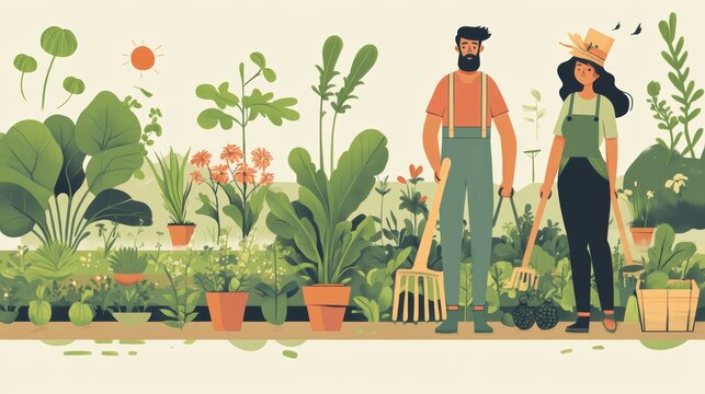 Flat illustration of male and female characters engaged in gardening tasks, surrounded by tools, plants, and vegetable beds
